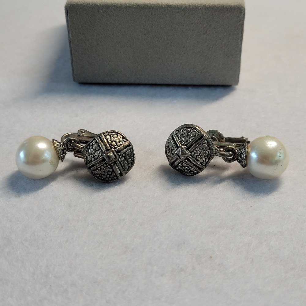 Vintage Art Deco Faux Pearl Marcasite Style Drop Dangle Pivot Clip On Earrings